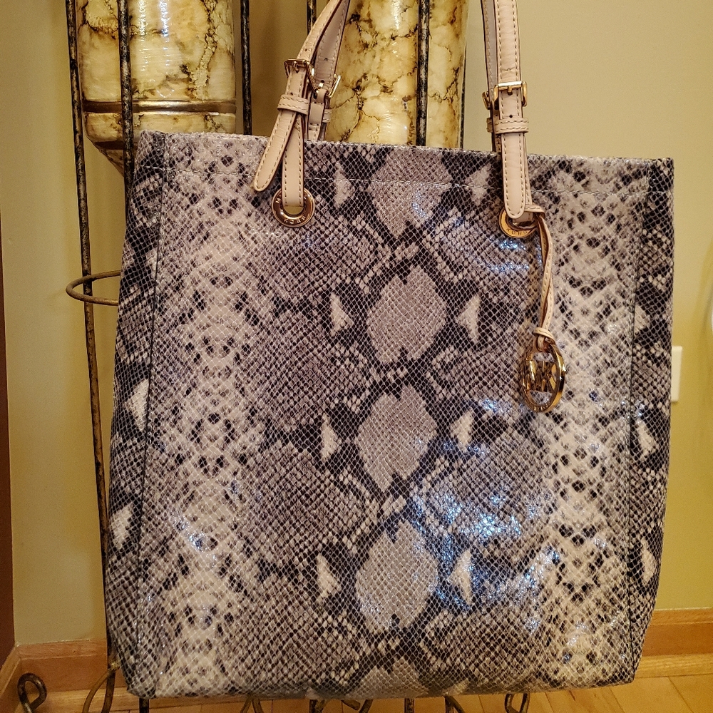 Michael Kors Snake-Print Patent Tote in Black and Cream